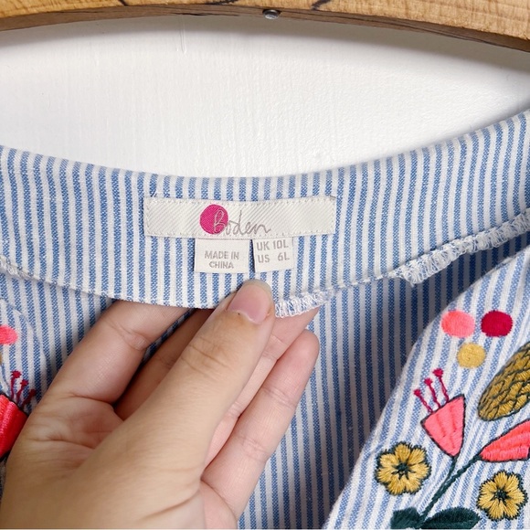 Boden • Bea Linen Embroidered Dress shift cap sleeve floral blue stripe tunic - Picture 5 of 12